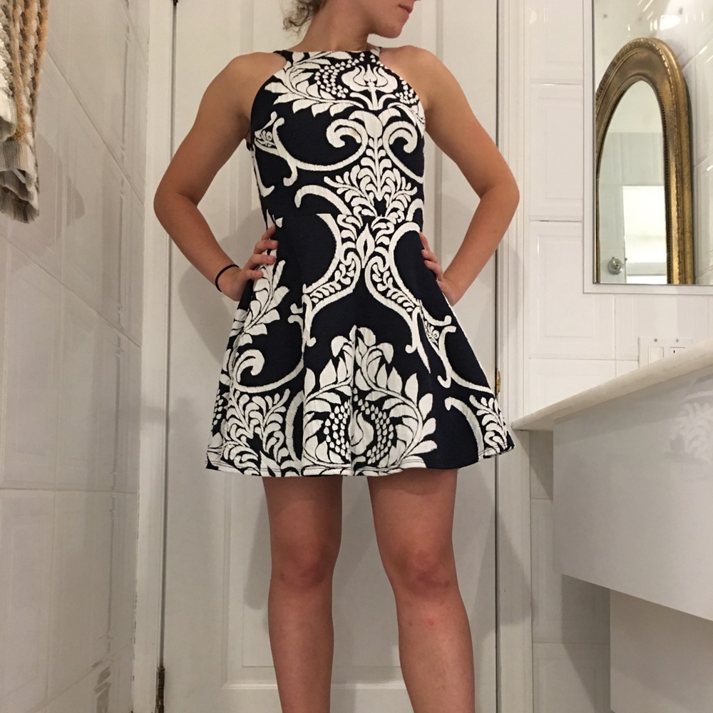 Navy and white floral garden party dress